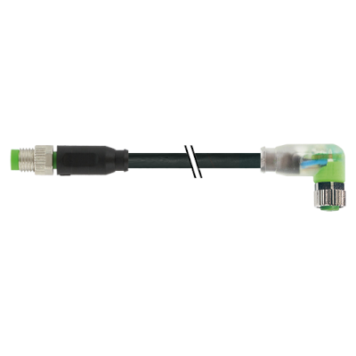 M8 Konektor – muški ravni/ženski pod kutom 2xLED, crni, 3-polni