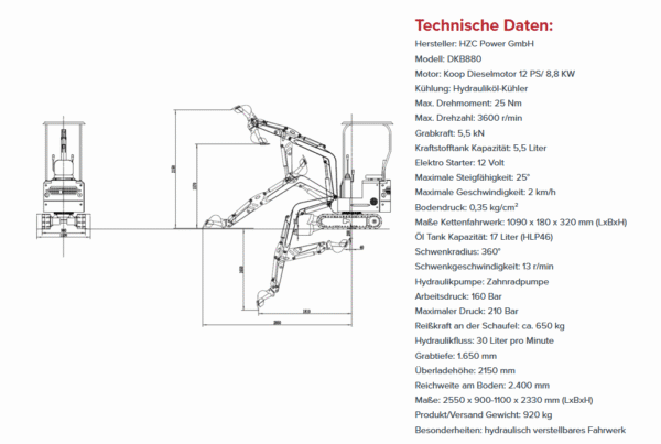 Mini Bager dizel DKB880 + 3 dodatna alata!